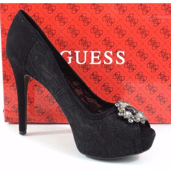 Guess Hotspot Platform Dress Pumps Heels Black Multi Fabric Size 10 - Picture 4 of 9